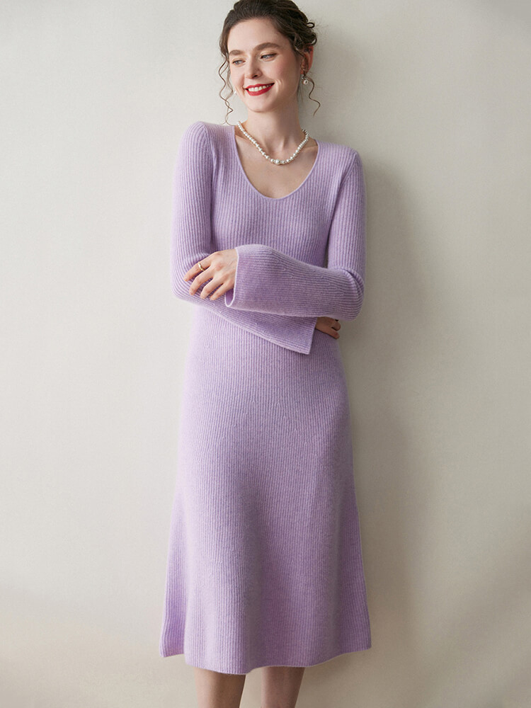 Ribbed 100% Cashmere Scoop Neck Flared Sleeve Midi Dress