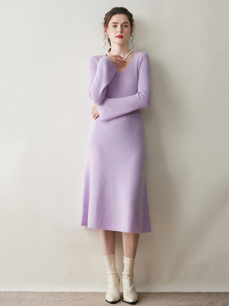 Ribbed 100% Cashmere Scoop Neck Flared Sleeve Midi Dress