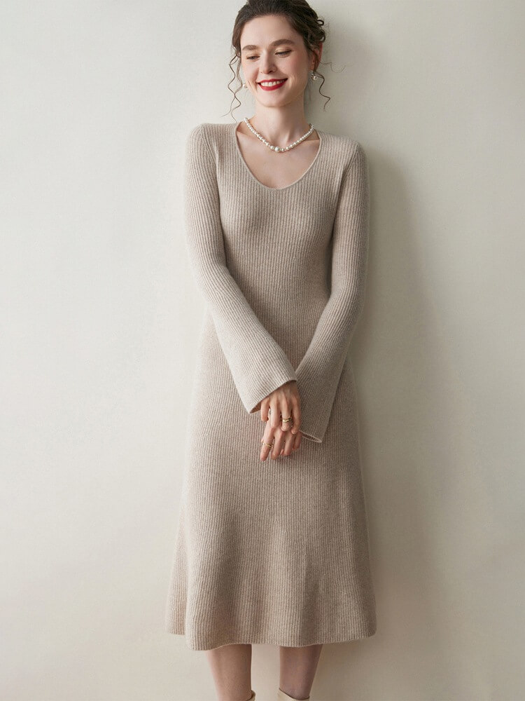 Ribbed 100% Cashmere Scoop Neck Flared Sleeve Midi Dress
