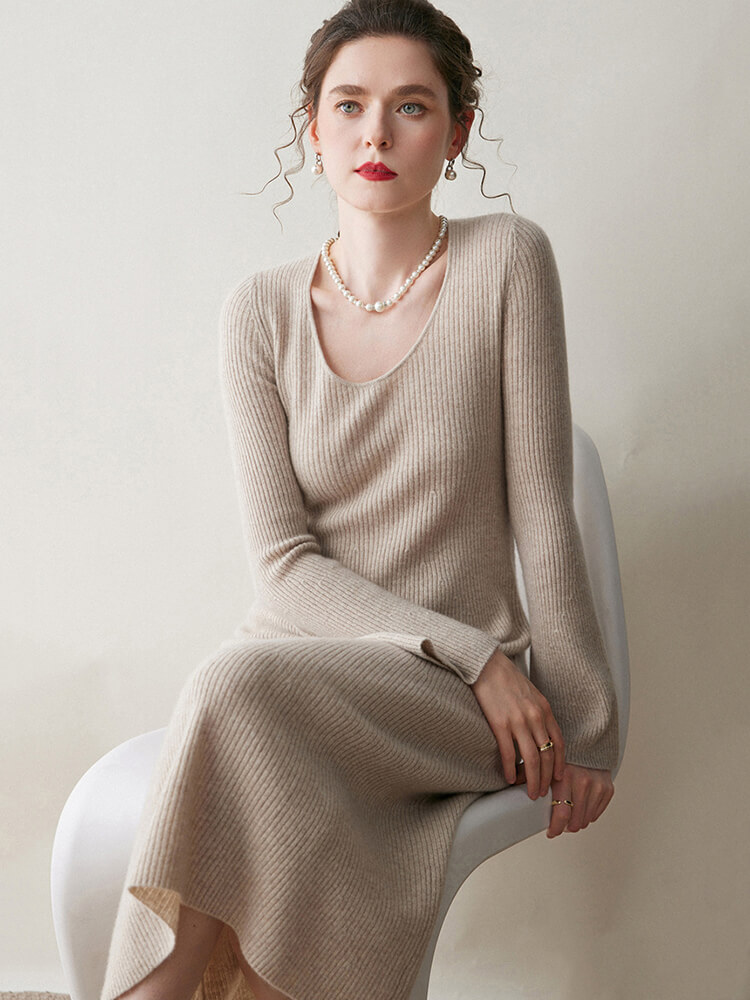 Ribbed 100% Cashmere Scoop Neck Flared Sleeve Midi Dress