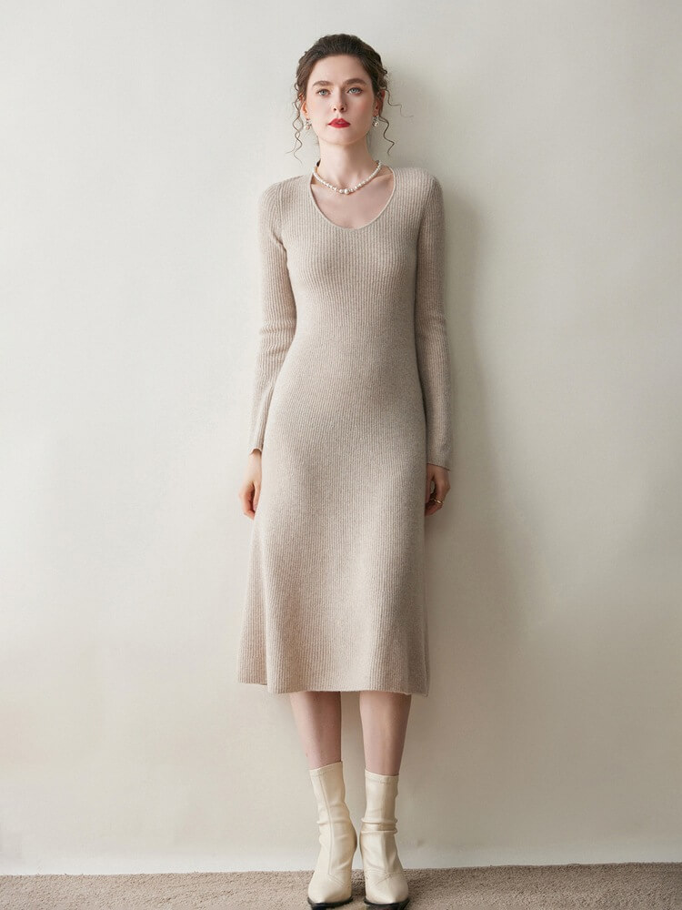 Ribbed 100% Cashmere Scoop Neck Flared Sleeve Midi Dress