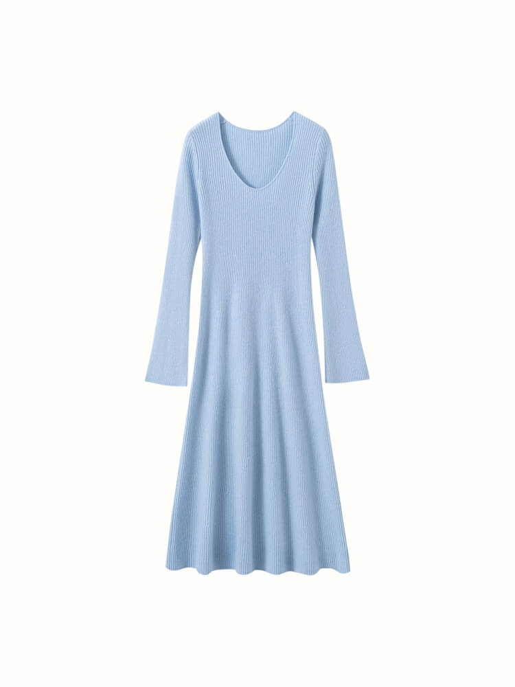Ribbed 100% Cashmere Scoop Neck Flared Sleeve Midi Dress