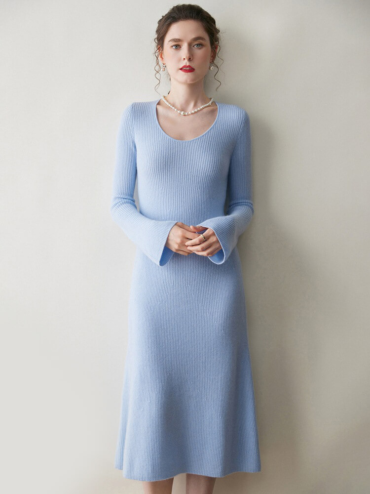 Ribbed 100% Cashmere Scoop Neck Flared Sleeve Midi Dress