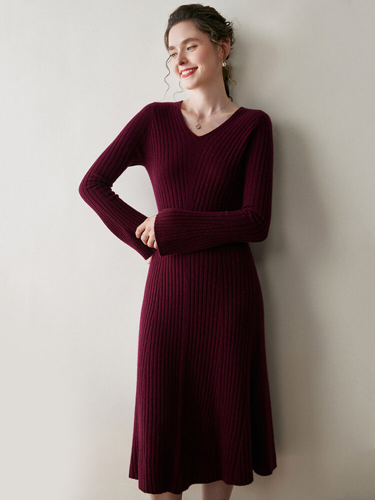 Ribbed 100% Cashmere V-Neck Flare Sleeve A-Line Midi Dress