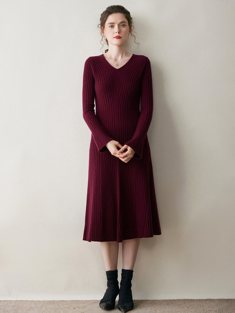 Ribbed 100% Cashmere V-Neck Flare Sleeve A-Line Midi Dress