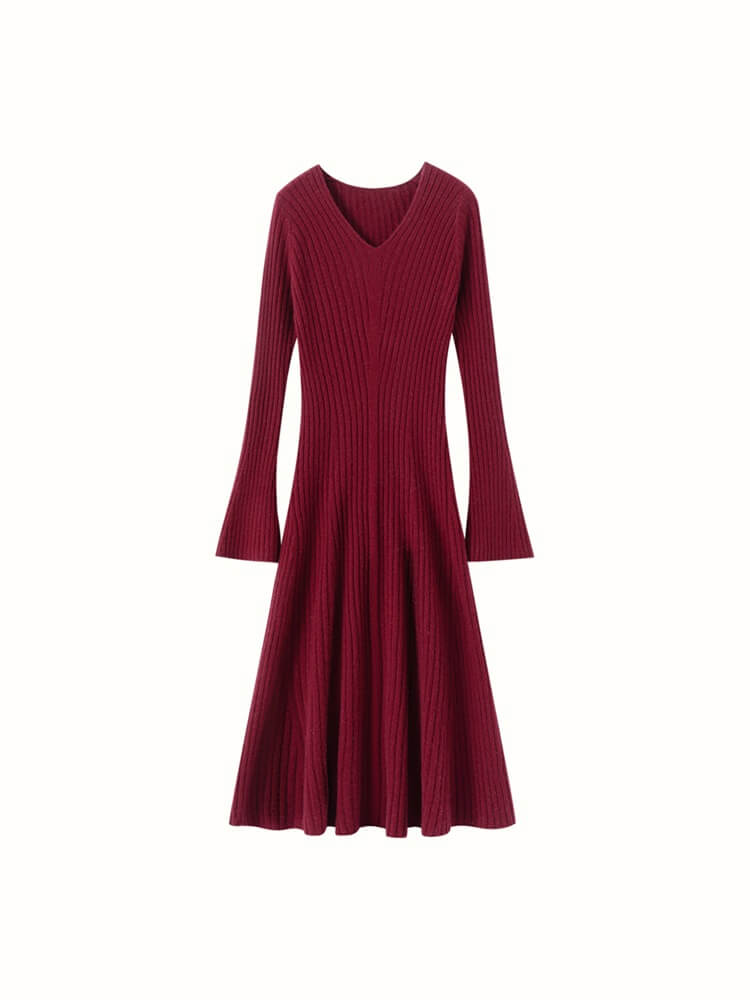 Ribbed 100% Cashmere V-Neck Flare Sleeve A-Line Midi Dress