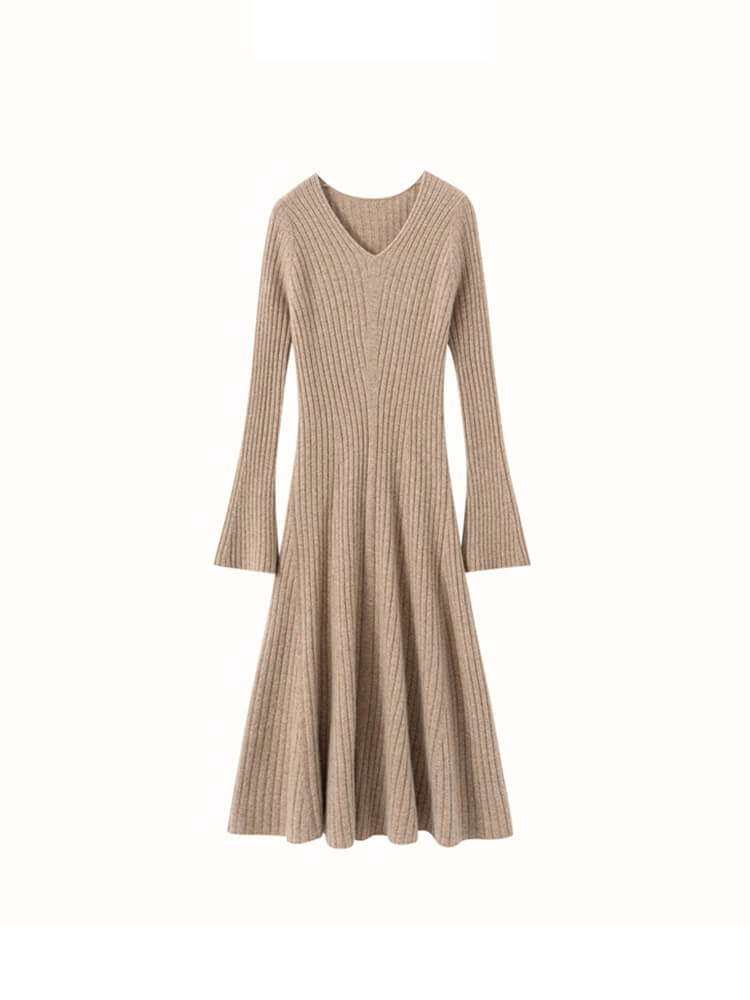 Ribbed 100% Cashmere V-Neck Flare Sleeve A-Line Midi Dress