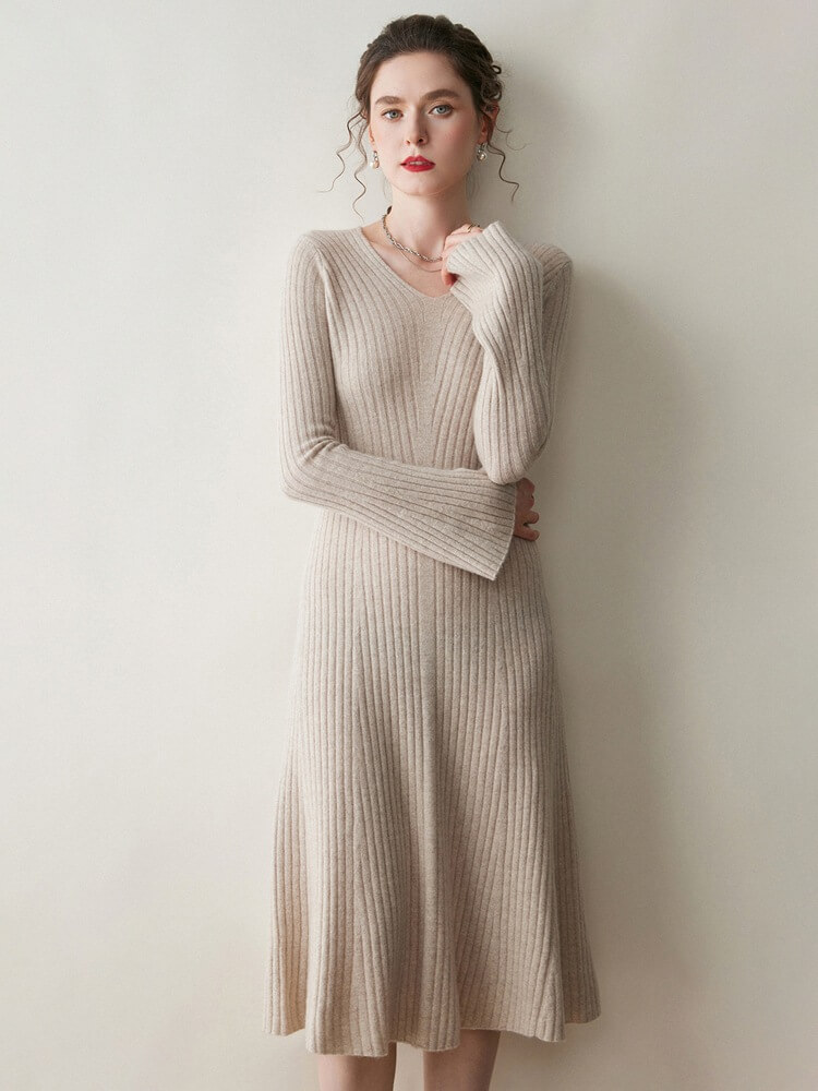 Ribbed 100% Cashmere V-Neck Flare Sleeve A-Line Midi Dress