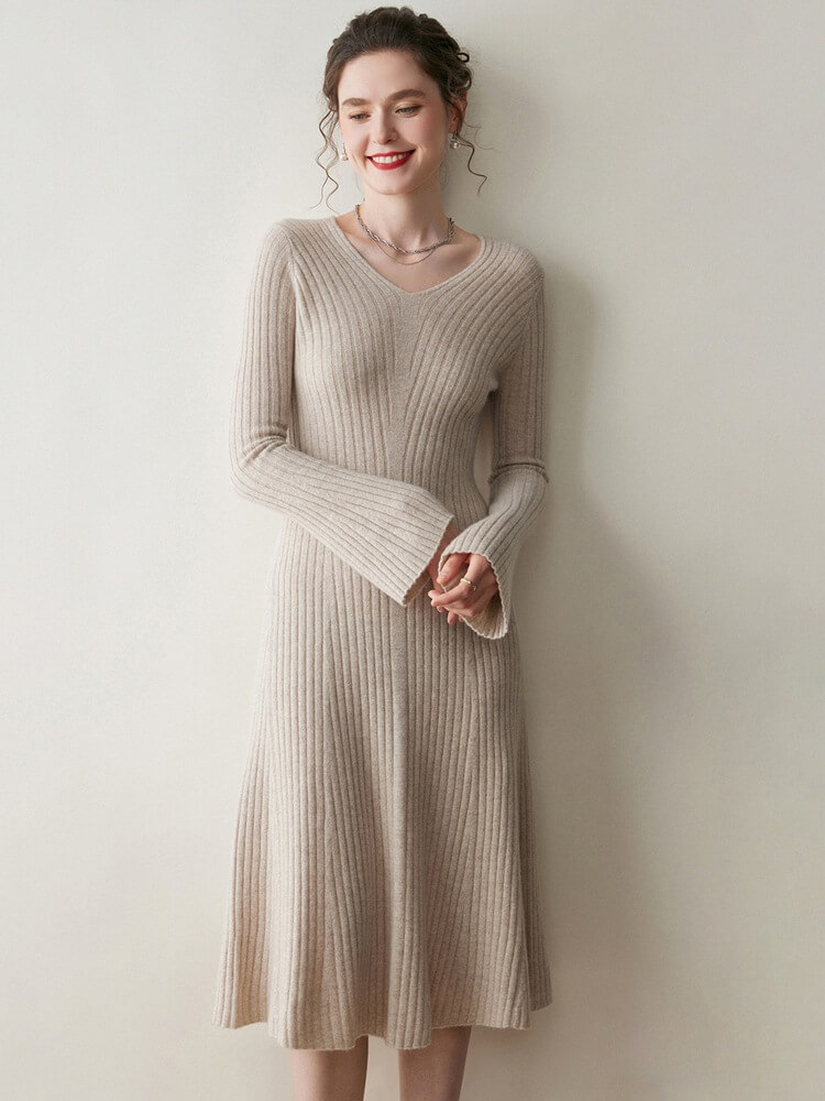 Ribbed 100% Cashmere V-Neck Flare Sleeve A-Line Midi Dress