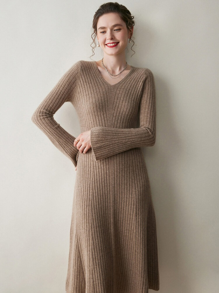 Ribbed 100% Cashmere V-Neck Flare Sleeve A-Line Midi Dress
