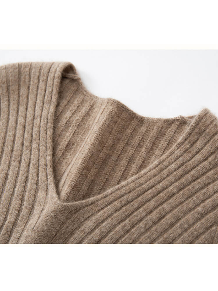 Ribbed 100% Cashmere V-Neck Flare Sleeve A-Line Midi Dress