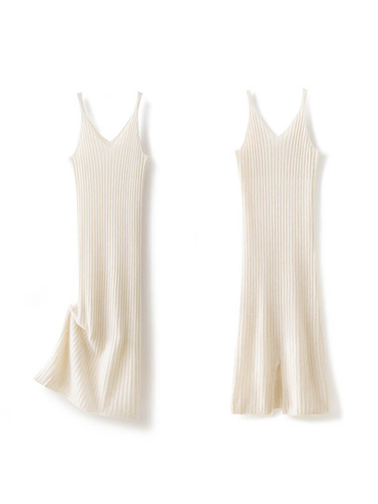 Ribbed Long 100% Cashmere V-Neck Slip Dress