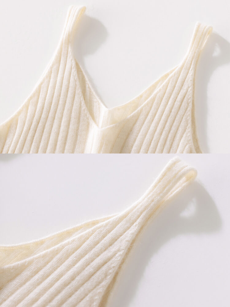 Ribbed Long 100% Cashmere V-Neck Slip Dress