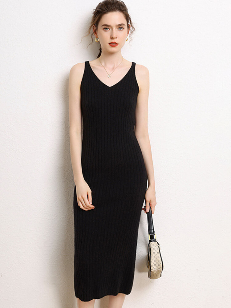 Ribbed Long 100% Cashmere V-Neck Slip Dress