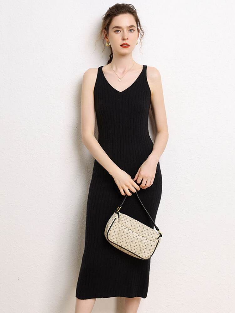 Ribbed Long 100% Cashmere V-Neck Slip Dress