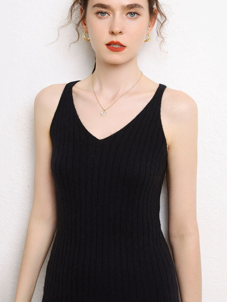 Ribbed Long 100% Cashmere V-Neck Slip Dress