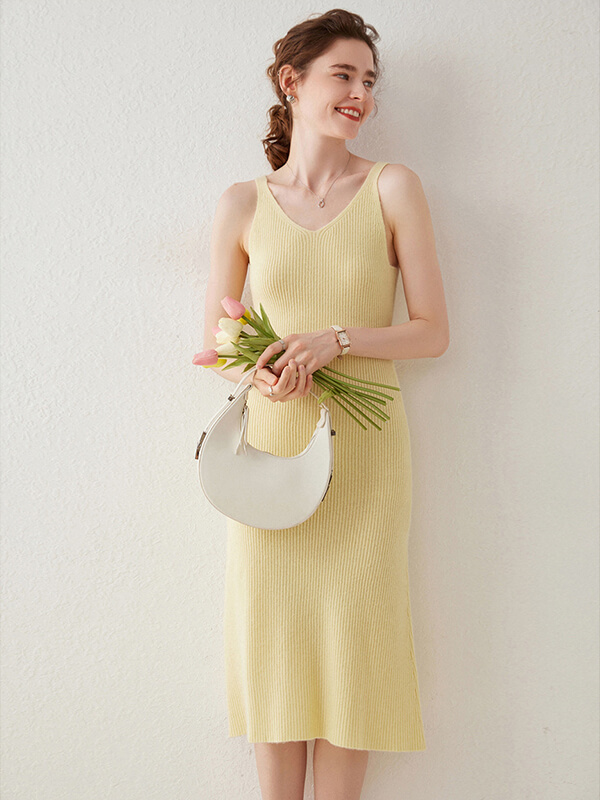 Ribbed V-Neck Cashmere Sleeveless Dress