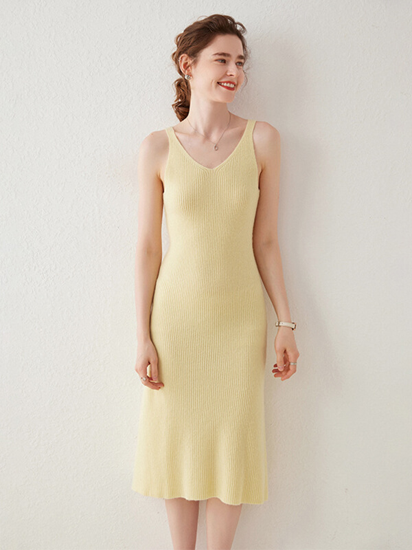 Ribbed V-Neck Cashmere Sleeveless Dress