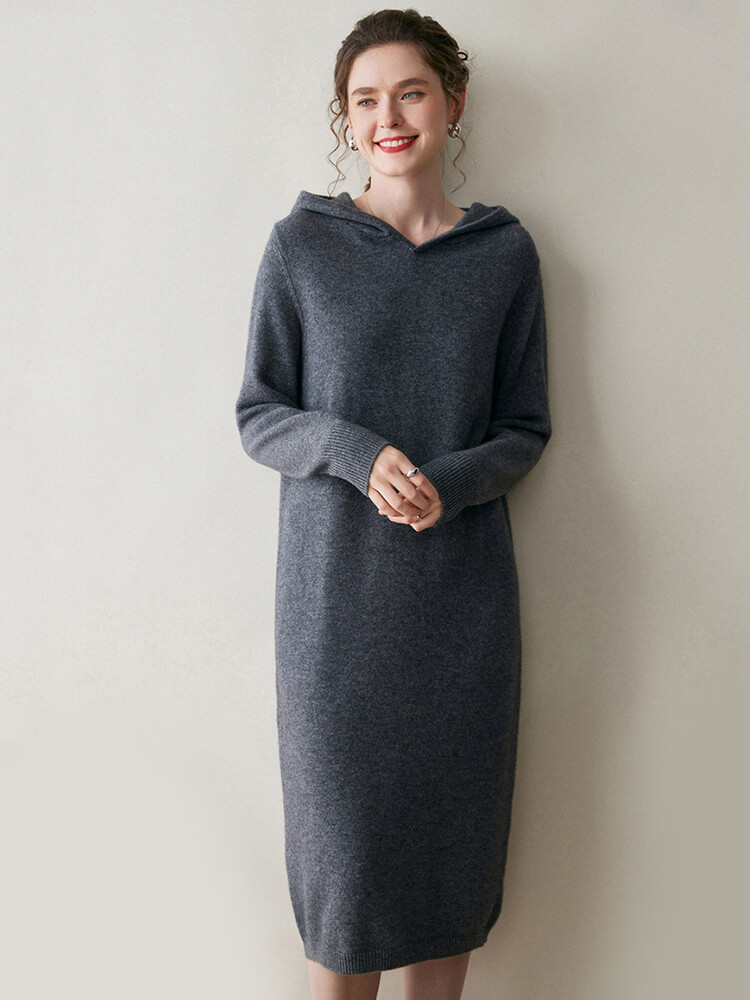 Long Sleeve Women Relaxed 100% Cashmere Hoodie Midi Dress