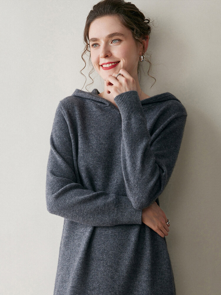 Long Sleeve Women Relaxed 100% Cashmere Hoodie Midi Dress