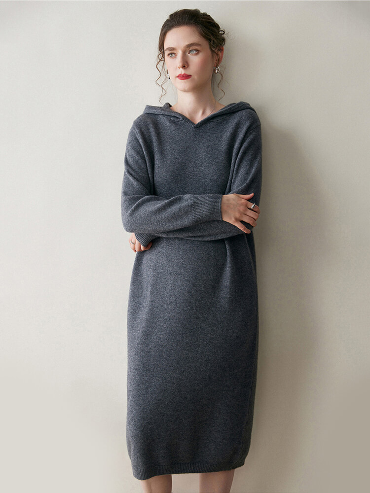 Long Sleeve Women Relaxed 100% Cashmere Hoodie Midi Dress