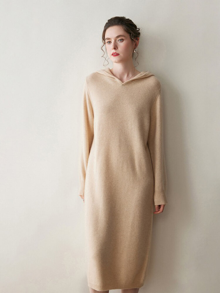 Long Sleeve Women Relaxed 100% Cashmere Hoodie Midi Dress
