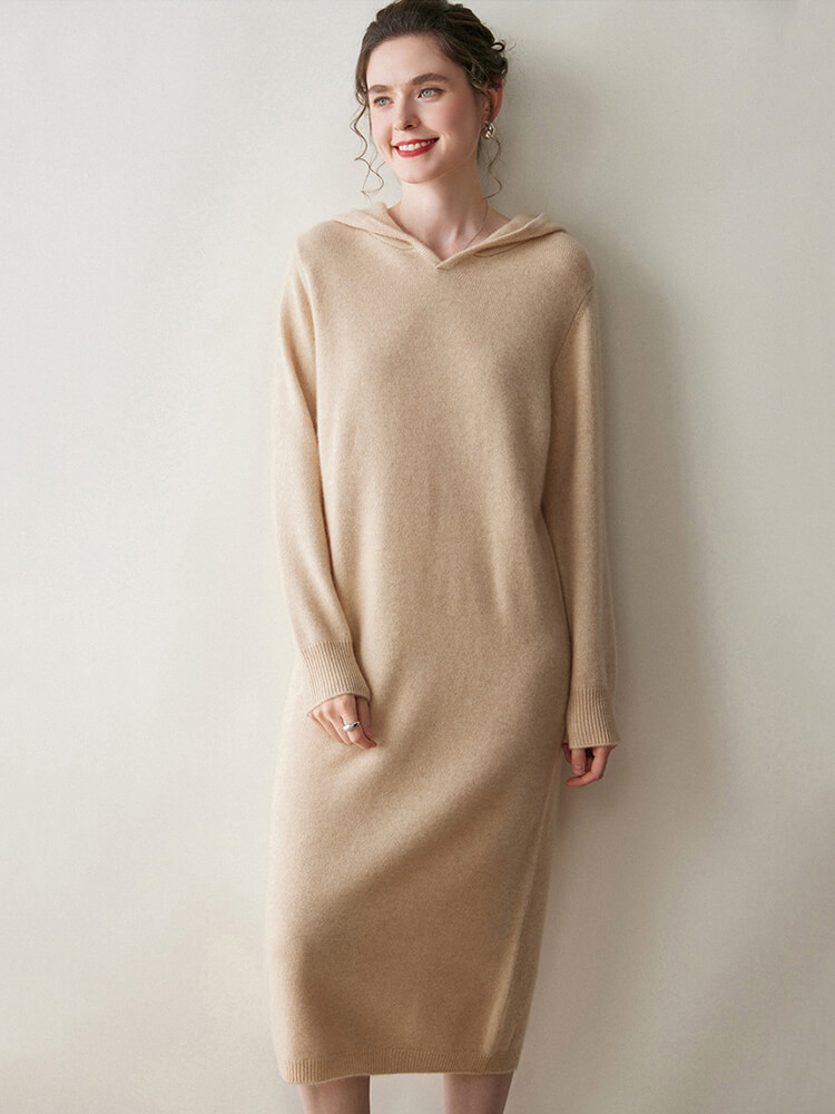 Long Sleeve Women Relaxed 100% Cashmere Hoodie Midi Dress