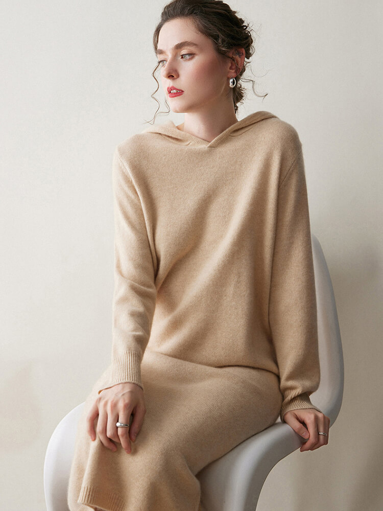 Long Sleeve Women Relaxed 100% Cashmere Hoodie Midi Dress