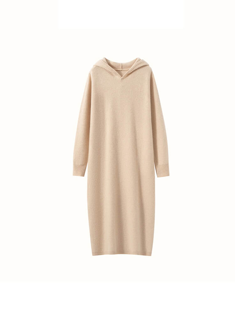 Long Sleeve Women Relaxed 100% Cashmere Hoodie Midi Dress