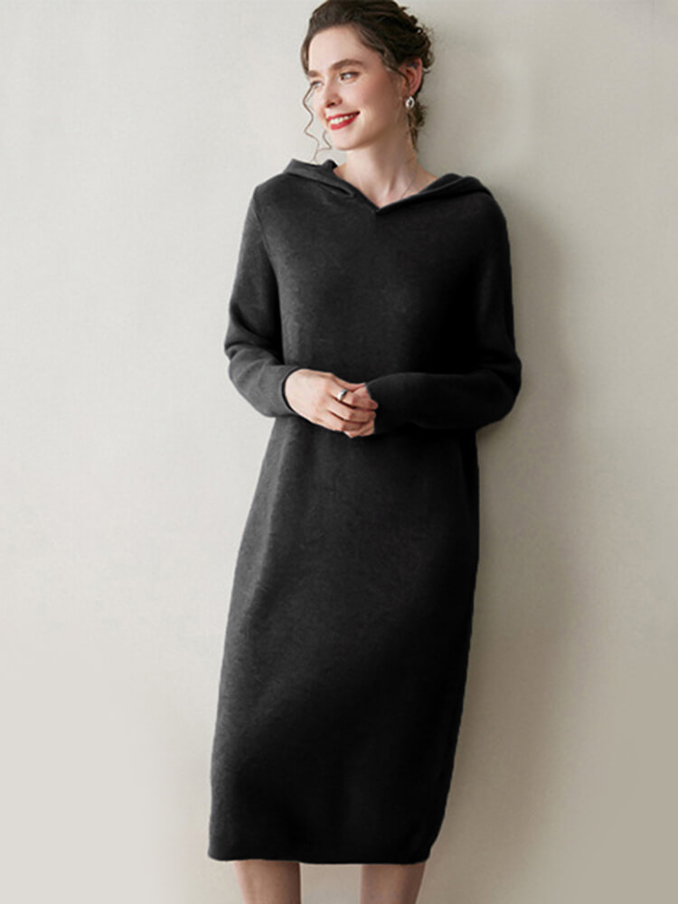 Long Sleeve Women Relaxed 100% Cashmere Hoodie Midi Dress
