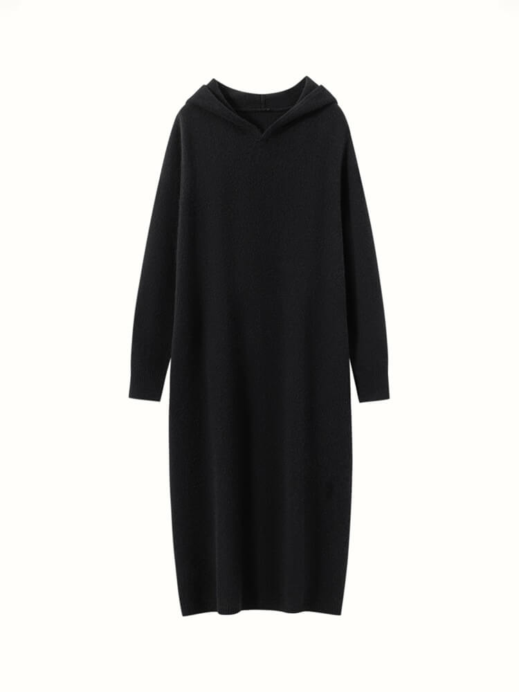 Long Sleeve Women Relaxed 100% Cashmere Hoodie Midi Dress