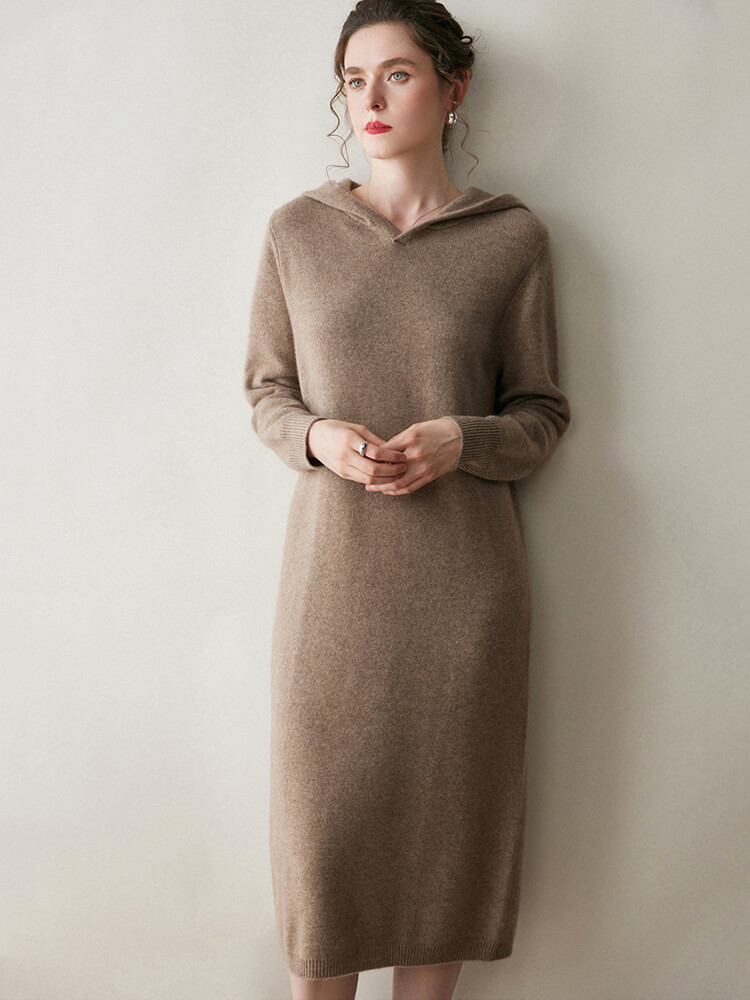 Long Sleeve Women Relaxed 100% Cashmere Hoodie Midi Dress