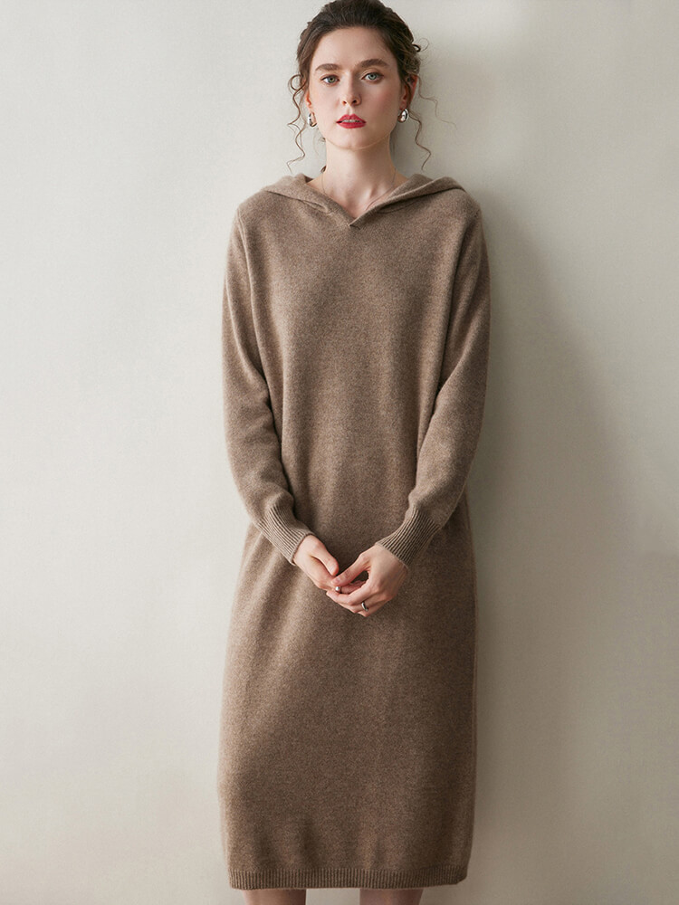 Long Sleeve Women Relaxed 100% Cashmere Hoodie Midi Dress