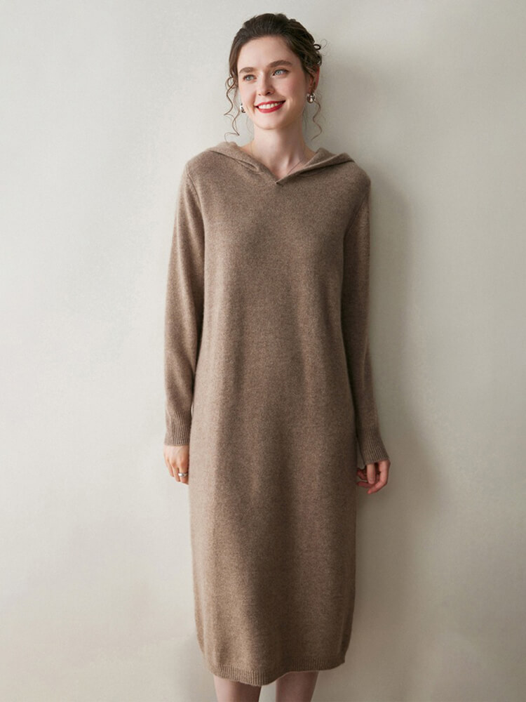 Long Sleeve Women Relaxed 100% Cashmere Hoodie Midi Dress