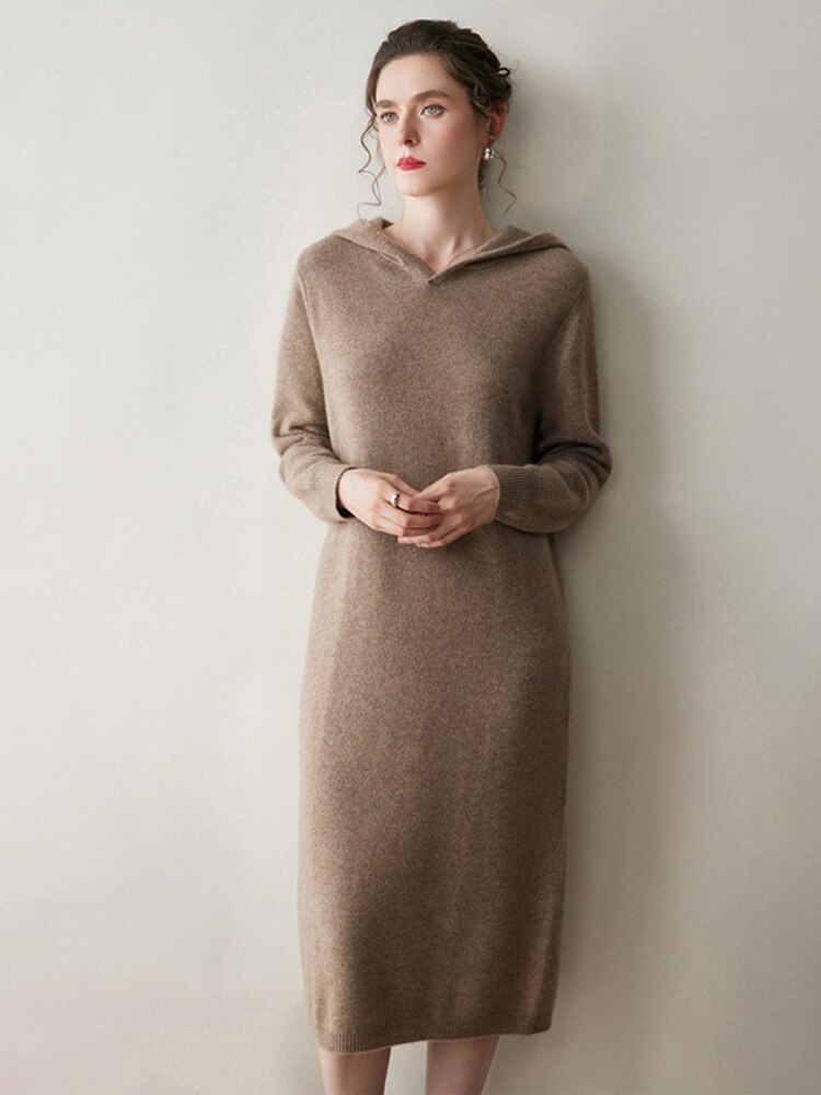 Long Sleeve Women Relaxed 100% Cashmere Hoodie Midi Dress