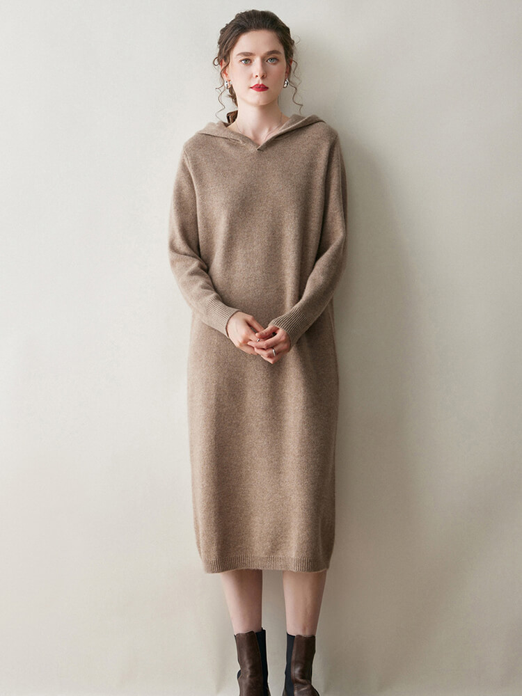 Long Sleeve Women Relaxed 100% Cashmere Hoodie Midi Dress