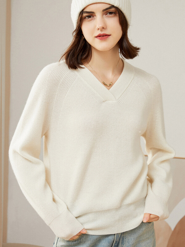 V-Neck Rib-Knit Cashmere Sweater