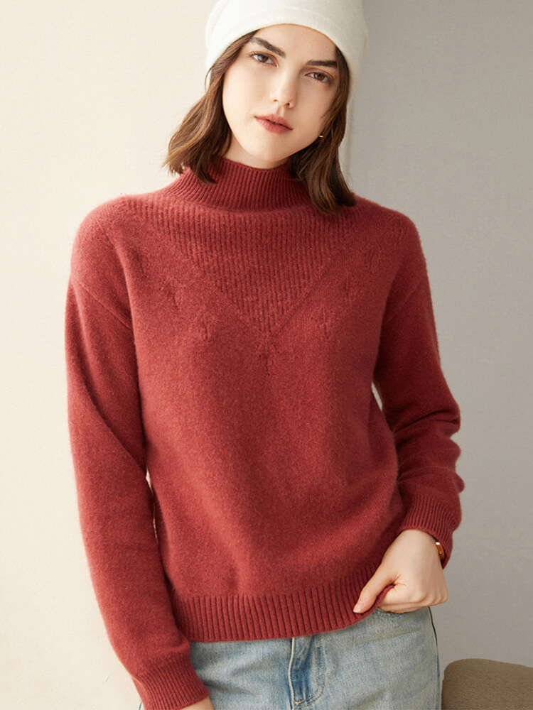 Loose Ribbed Mock Neck Cashmere Sweater for Women