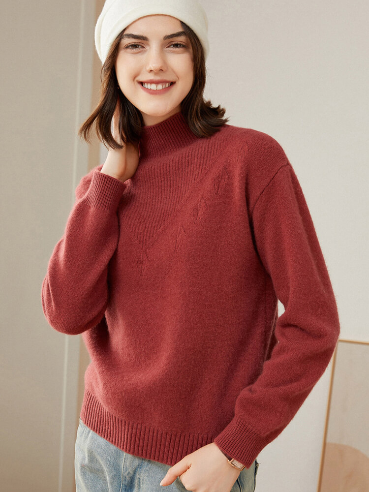 Loose Ribbed Mock Neck Cashmere Sweater for Women