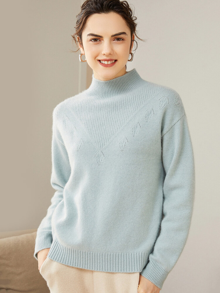 Loose Ribbed Mock Neck Cashmere Sweater for Women