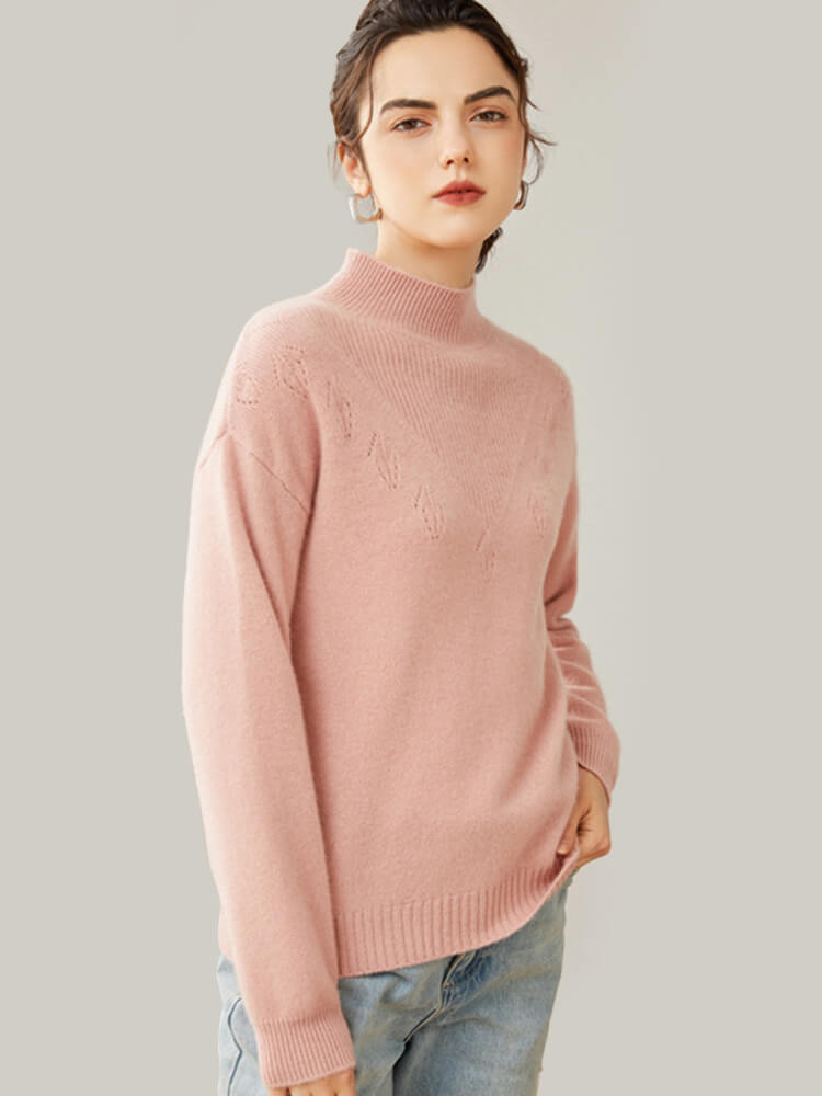 Loose Ribbed Mock Neck Cashmere Sweater for Women