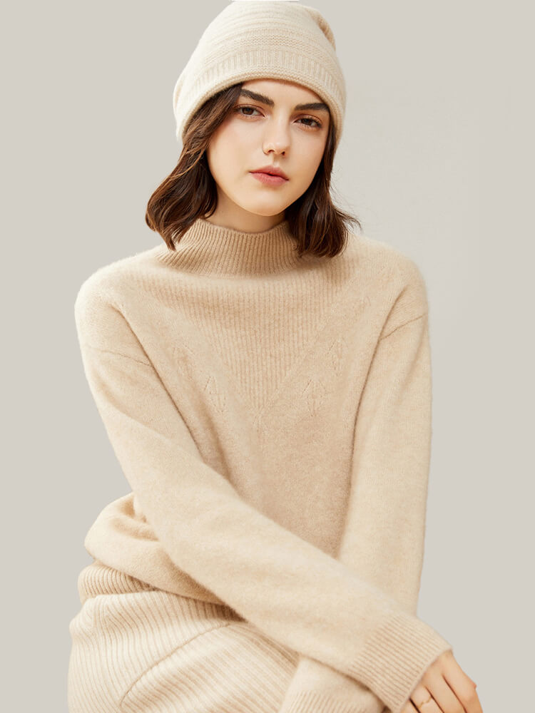 Loose Ribbed Mock Neck Cashmere Sweater for Women