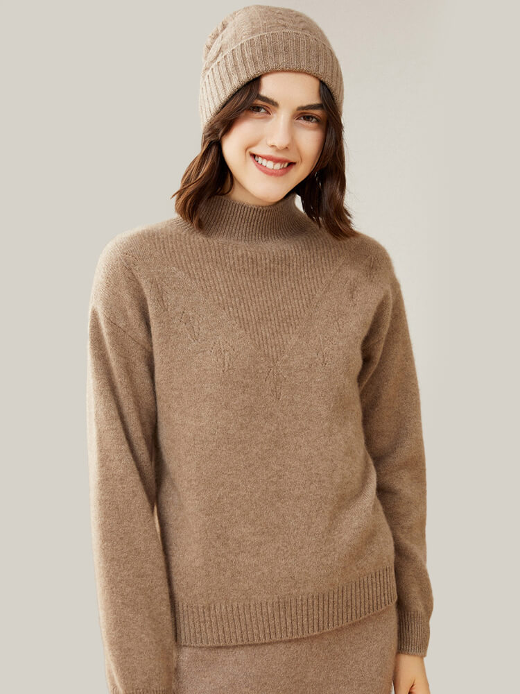 Loose Ribbed Mock Neck Cashmere Sweater for Women