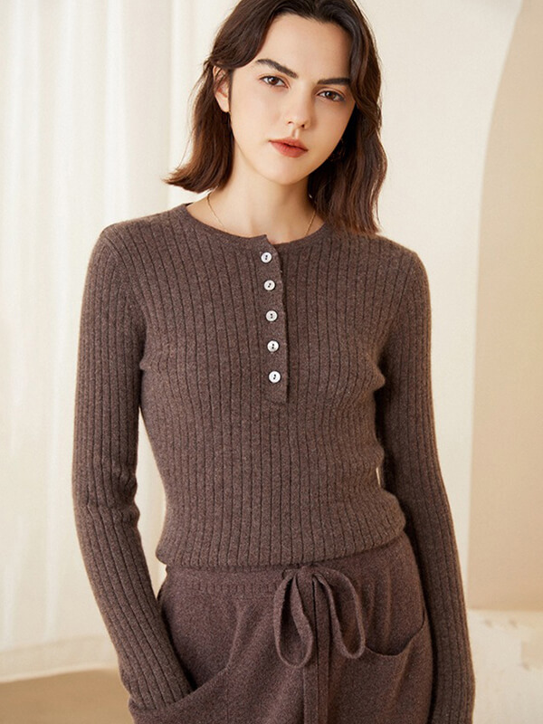 Rib Knit Button Neck Pure Cashmere Sweater For Women