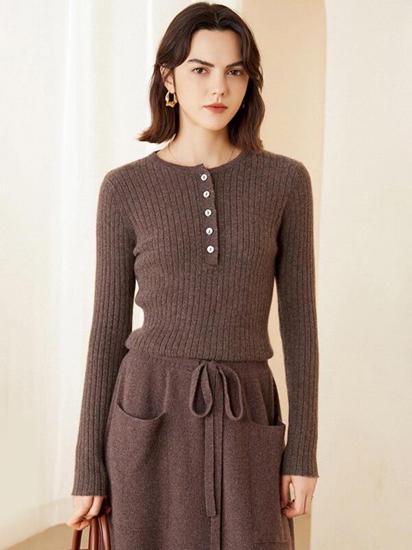 Rib Knit Button Neck Pure Cashmere Sweater For Women