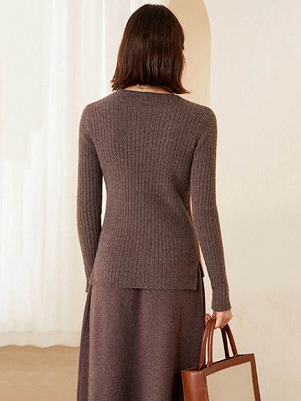 Rib Knit Button Neck Pure Cashmere Sweater For Women