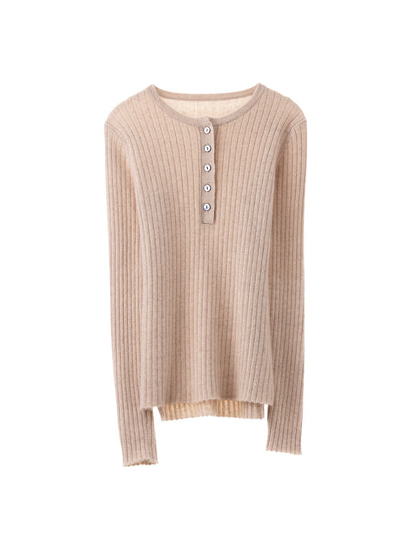 Rib Knit Button Neck Pure Cashmere Sweater For Women