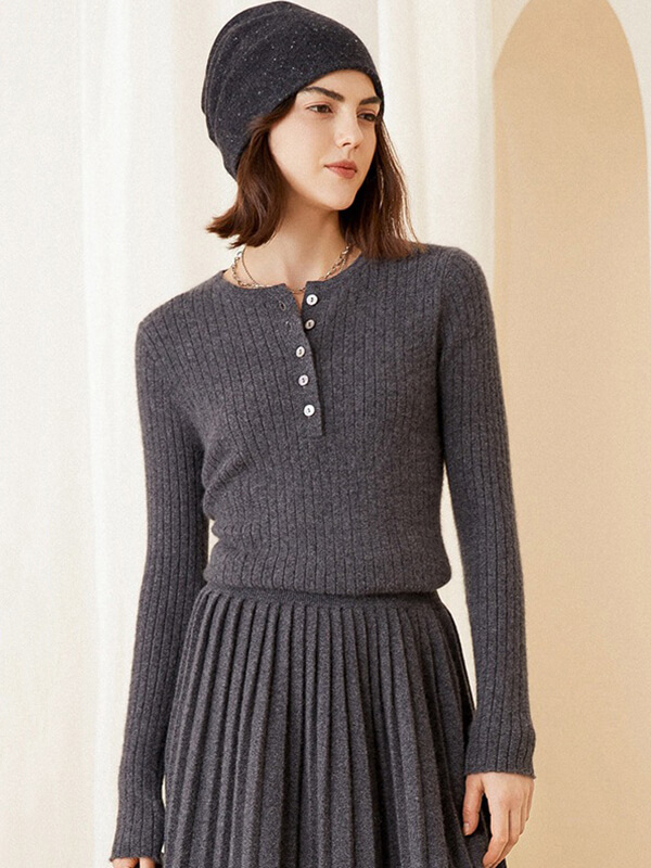 Rib Knit Button Neck Pure Cashmere Sweater For Women