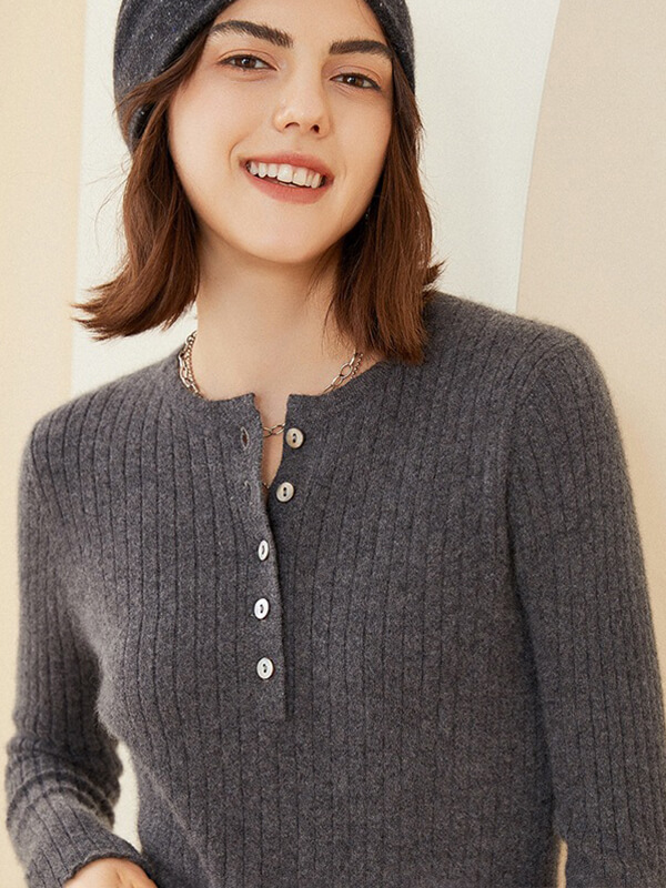 Rib Knit Button Neck Pure Cashmere Sweater For Women