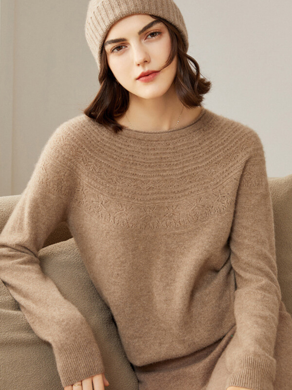 Women's 100% Superfine Cashmere Hollow Out Crewneck Sweater